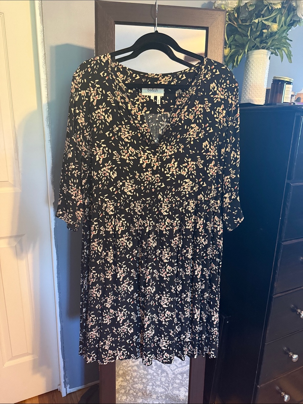 Ba&Sh Black Floral V-Neck Mini/knee Dress
